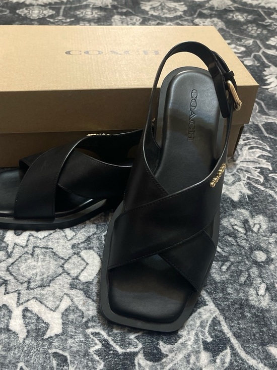Coach Shoes - COACH Black Leather Crisscross Slingback Sandals with Gold Accent